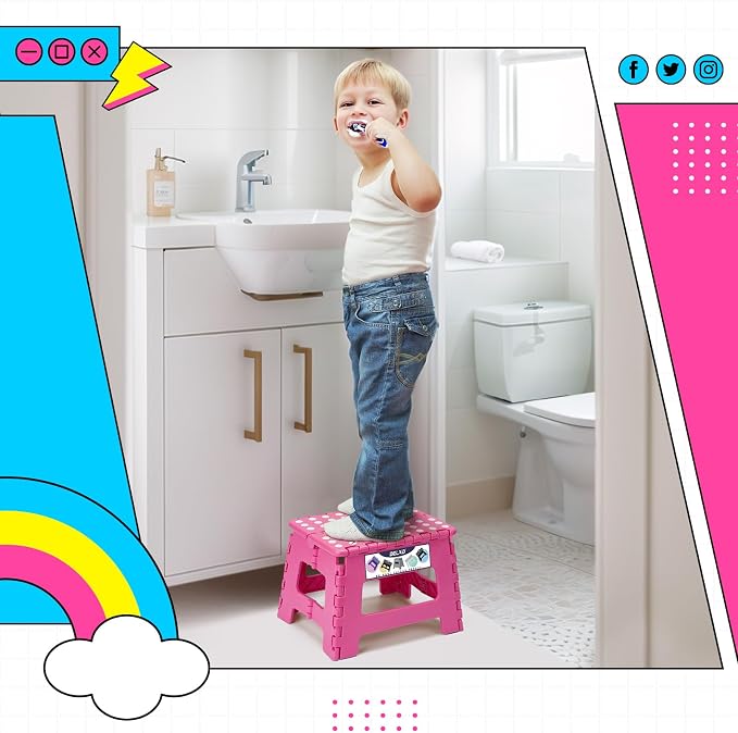 Delxo 9 Inch Kids Step Stool,300 Lbs Folding Step Stool for Toddler Pink | Foldable Step Stool,Non-Slip Foot Stools with Handle, Lightweight Collapsible Stool for Kitchen,Bathroom,Bedroom,Garden