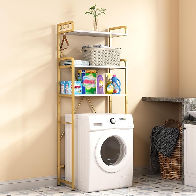 Over The Toilet Storage Rack with 3-Tier Shelves, Space Saver Toilet Shelf, Laundry Organizer with Hooks for Over Toilet Storage and Space Saver (White & Gold)
