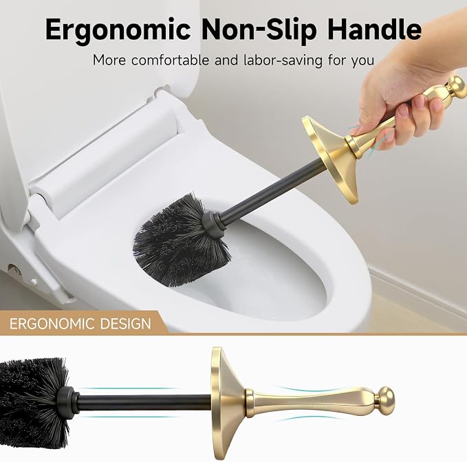 Brushed Gold Toilet Brush and Holder，Extra Long Handled Toilet Brush for Bathroom，Stainless Steel Heavy Duty Toilet Bowl Brush,Deep Cleaning Modern Toilet Cleaner Brush -Space Saving, Covered Brush
