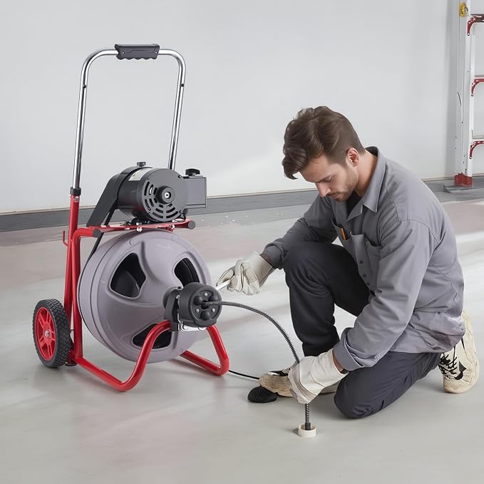 VEVOR Drain Cleaner Machine 75 FT x 3/8 Inch, Auto Feed Sewer Snake Drain Auger on Wheels, Portable Drain Cleaning Machine with 8 Cutters & Air-Activated Foot Switch for 2" to 4" Pipes