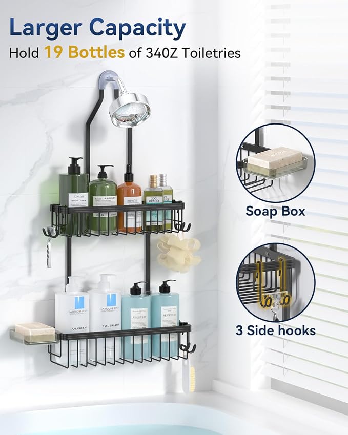 Never Rust Shower Caddy Hanging, Aluminum Shower Racks for Inside Shower, 2-Tier Shower Organizer Hanging Over Shower Head with Hooks and Soap Holder, Black
