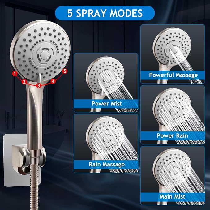Shower Head Combo,12" Brushed Nickel High Pressure with 11" Extension Arm | Rain Shower Head with 5 Settings Handheld Shower Head Combo,Powerful Shower Spray Against Low Pressure Water
