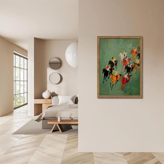 Framed Vintage Abstract Wall Art, Retro Horse Racing Scene Poster Prints, Modern Classic Equestrian Canvas Artwork, Energetic Vibrant Sports Wall Decor for Living Room Office Game Room 16x24in