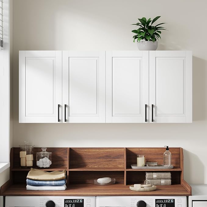 ChooChoo Laundry Room Cabinets, 4 Doors Wall Mounted Storage Cabinet | Kitchen Wall Storage, Bathroom Wall Cabinet, White