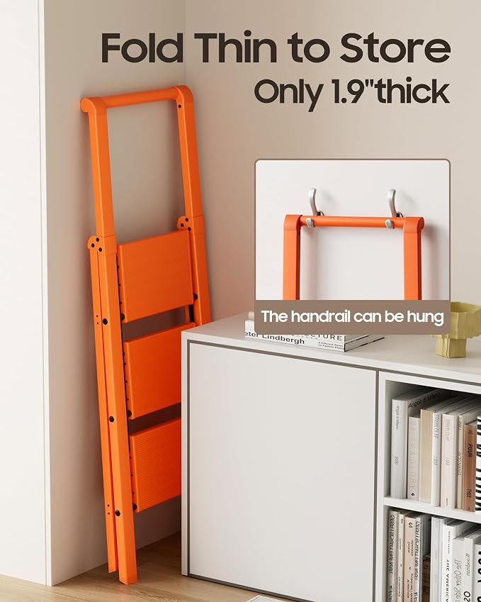 HillhutApex Aluminum 3 Step Ladder, Step Stool Foldable Ladder(Orange) | Stepladder with Handgrip,Anti-Slip Pedals,330lbs Capacity,Lightweight Portable Folding Ladder for Home,Office,Libaray