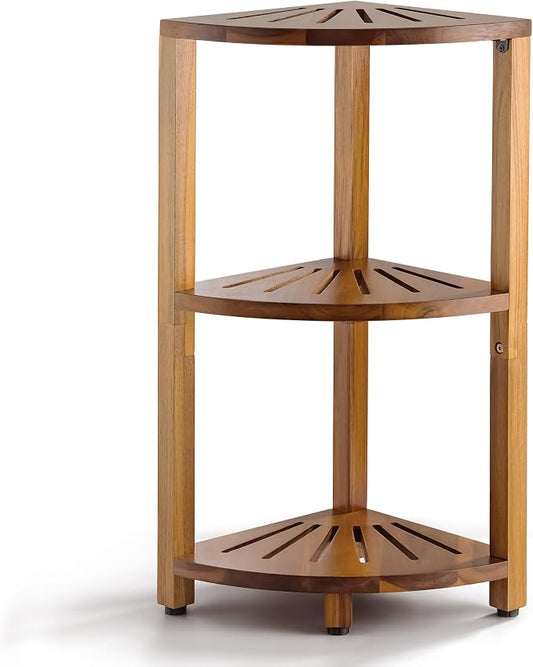 BLUEWEST 3-Tier Wooden Corner Shower Caddy Organizer with Anti-Slip Feet | Waterproof, Durable Bathroom Corner Shelf with a Space-Saving Design for Storage in Showers, Kitchens and Living Room Areas.