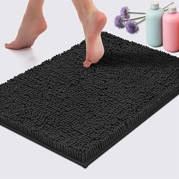 LuxUrux Bath Mat, Extra-Soft Plush Non-Slip Bathroom Rug, Luxury Chenille Microfiber Material, Super Absorbent Shaggy Bath Rug. Machine Wash & Dry (17 x 24 inches, Black)
