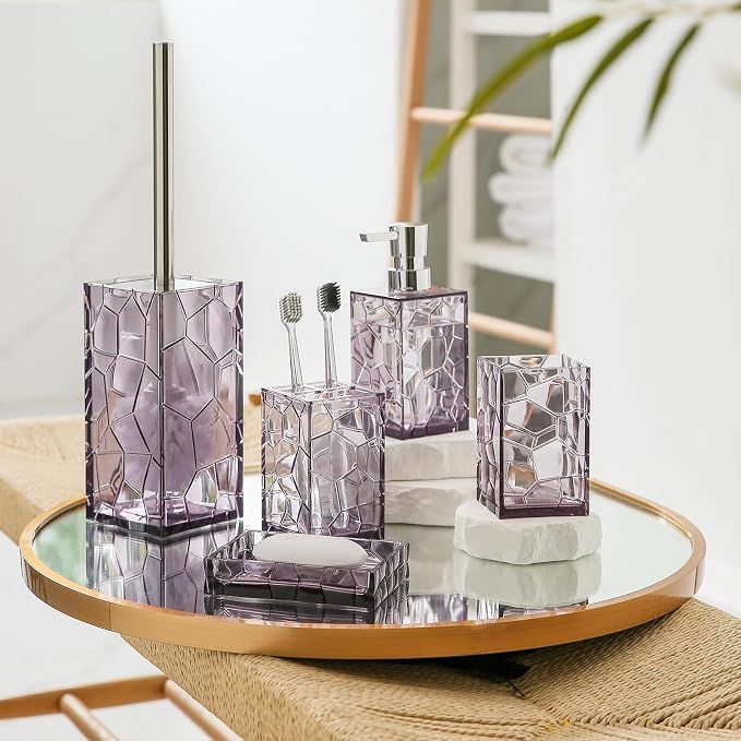 YAUKPH Clear Acrylic Bathroom Accessories Set | Includes Soap Dispenser Toothbrush Holder Cup Soap Dish and Toilet Brush 5 Piece (Lavender Purple)