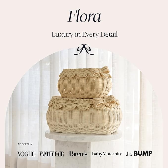 BEBE BASK Original Scalloped Bow Basket with Lid - Set of 2 (15x11x6 In) | Award Winner, Handwoven Rattan, Scalloped Wicker Basket, Woven Baskets for Storage, Nursery Storage, Scallop Basket (Bow)