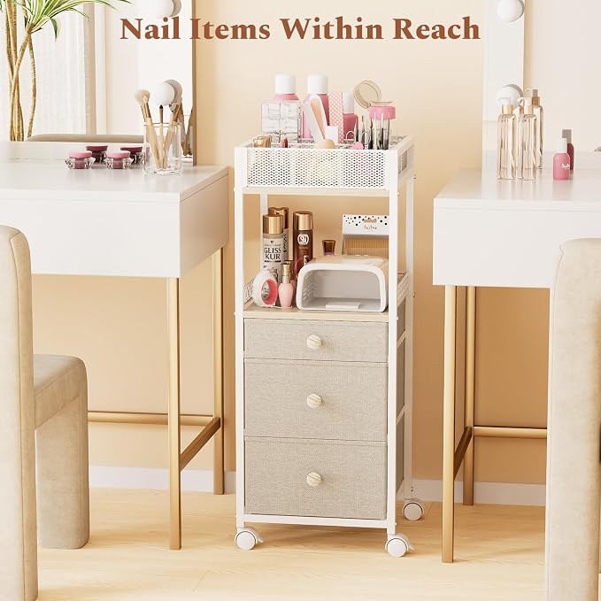 Plaviya Makeup Organizer Cart 3 Drawers for Perfume, Skin Care, Nail Polish | Utility Rolling Cart, Vanity Desk Organizer, Office, Bedroom, Bathroom, White