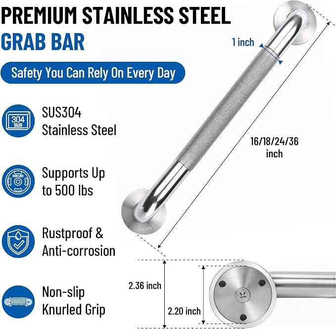 Handicap Grab Bar for Bathroom, Non-Slip Knurled Chorme Grip,36 Inch 2 Pack | SUS 304 Stainless Steel, Extra-Long Shower Safety Bars for wall, Suitable for Seniors, Handicap, Pregnant & Kids