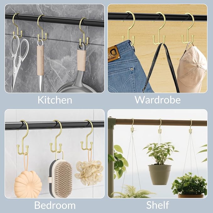24 Pcs Shower Curtain Hooks, OEH Shower Curtain Rings, Durable Gold Shower Curtain Hooks Rust Proof, Shower Rings for Curtain, Free Sliding Anti-Drop Double Shower Hooks for Shower Curtain Rod, Gold