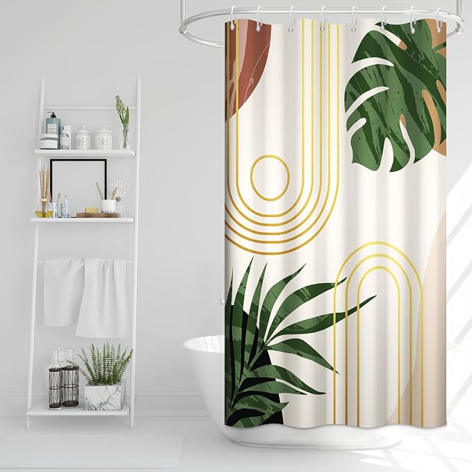 Boho Sage Green Stall Shower Curtain with Hooks 36x72 Inch | Waterproof Small Narrow Abstract Tropical Leaves Bathroom Curtain for Shower Stall, Machine Washable