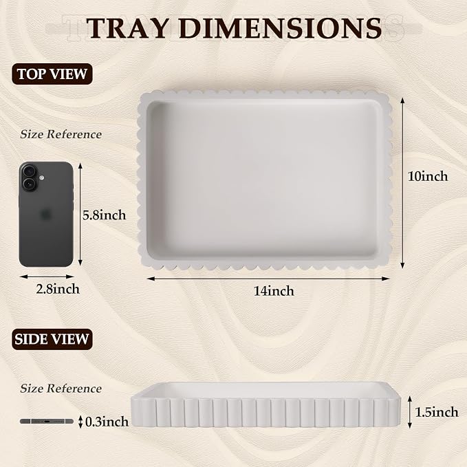 Rectangular Tray for Coffee Table Decor, 14" Coffee Table Tray, White | Decorative Tray, Solid Concrete, Aesthetic Home Decor, Table Decor Trays for Living Room, Entryway, Nightstand, Dresser