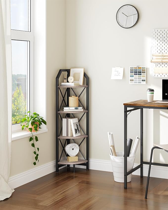 4-Tier Corner Shelf, Industrial Corner Bookshelf, 47.6" Corner Storage Stand, Plant Stand Display Shelf, Corner Bookcase for Bedroom, Living Room, Home Office, Greige and Black TCJ09BG