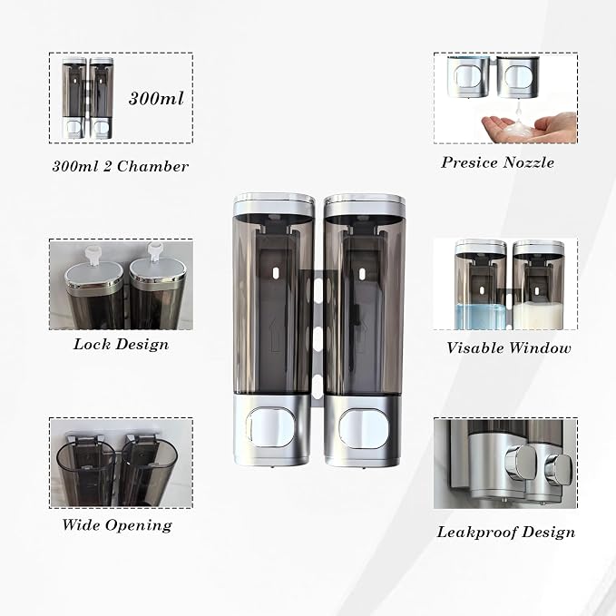 2-Chamber 10oz/300ML Silver Plastic Hand Wall Mounted Soap Dispensers | Refillable Shampoo Conditioner Shower Dispenser No Drill, Clear Manual Pump Dispenser for Bathroom Hotel Kitchen