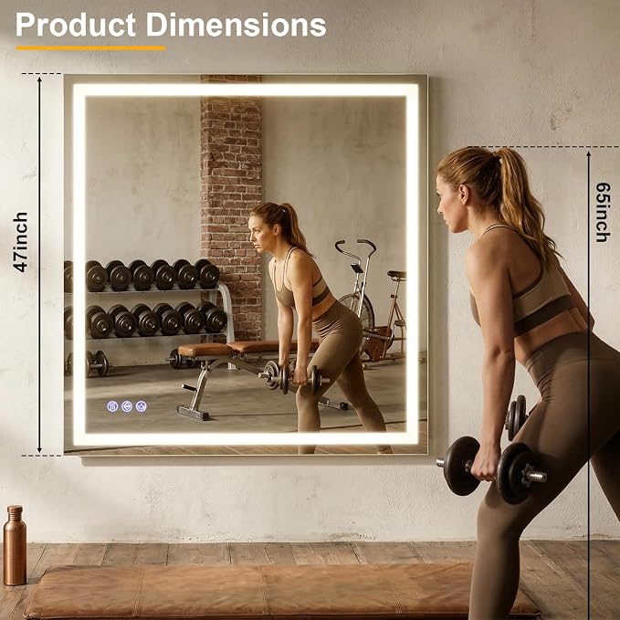 Large Bathroom Mirror with Lights 47 x 47 Inch - 3 Adjustable Lighting Modes Square LED Bathroom Vanity Mirror, Anti-Fog, Memory Function, Tempered Glass, Wall Mounted Horizontally Vertically