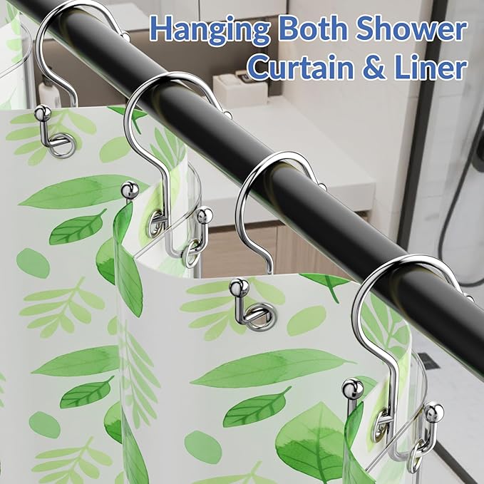 Shower Curtain Hooks, Silver Shower Curtain Hooks Rust Proof, Anti-drop Metal Shower Curtain Rings Hooks, Double Shower Hooks for Shower Curtain, Shower Rings for Curtain & Liner, Silver-12 Pcs