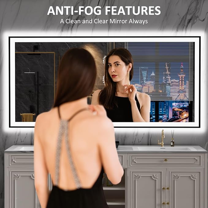 LOAAO 84"X40" LED Bathroom Mirror Black Framed | Anti-Fog, Dimmable, Memory Function, Tempered Glass, Lighted Vanity Mirror for Wall