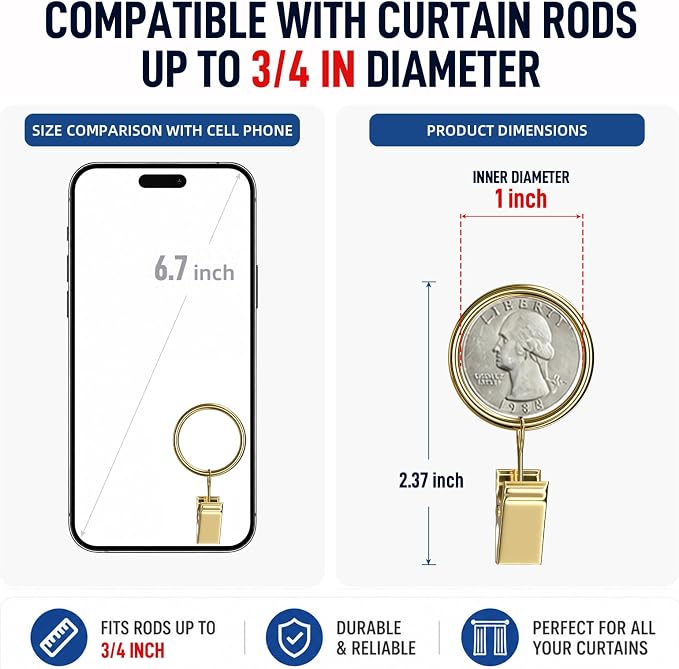Lansian 44 Pack Curtain Rings with Clips Hooks 1 in Diameter Rustproof | Metal Stainless Steel Drapery Rings for Tension Rod Bracket Eyelets Decorative Hanger, Fits 3/4 in Rods, Gold