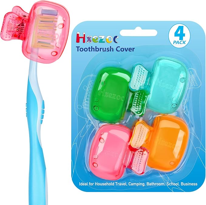 Hxezoc 4 Pack Toothbrush Covers Toothbrush Holders Toothbrush Protector Cap Brush Pod Case Portable Plastic Clip for Household Travel, Bathroom, School, Camping, Business (Green, Teal, Orange, Pink)