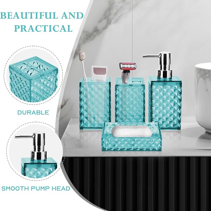 Bathroom Accessory Set, Grid Pattern 4 Pcs Plastic Bathroom Set, Teal Blue | Include Soap Dispenser, Soap Dish, Toothbrush Holder, Mouthwash Cup, Modern Bathroom Decor Set