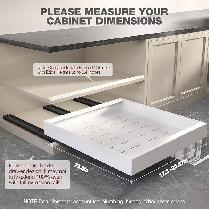 Seinloes 2 Pack Pull Out Cabinet Organizer 24" Deep,Full Extension 3 Slide Rails Slide Out Drawers With Raising Pad for Framed Cabinets,Expandable Width (12.3"-20.5"),No Drill Roll Out shelf,White