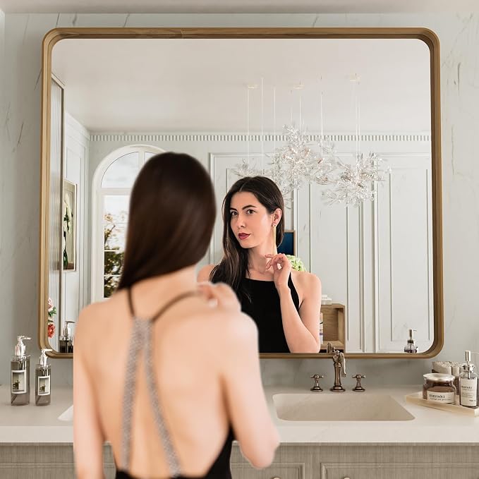 LOAAO 48X36 Inch Bathroom Mirror with Wood Grain Colored Metal Frame | Rounded Rectangle Metal Framed, Anti-Rust, Hangs Horizontally or Vertically, Tempered Glass