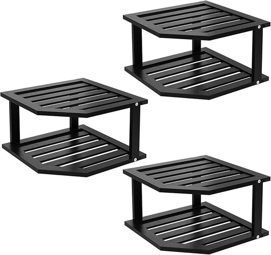 VERTORGAN 2 Tier Bamboo Corner Shelf 3 Pack Plate Organizer Kitchen(Black) | Pantry Storage,Dish Rack,Spice Rack,Corner Organizer,Kitchen Counter Shelves,Kitchen Storage,Holds Plates