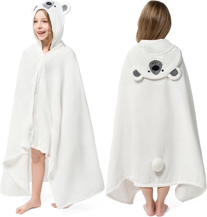 Joiedomi Hooded Towel for Kids Soft 100% Cotton Bath Beach Towel 30" x 50" for Kids 3-8 Years Toddler Pool Poncho with Hood Absorbent Swim Wrap for Boys Girls White Bear