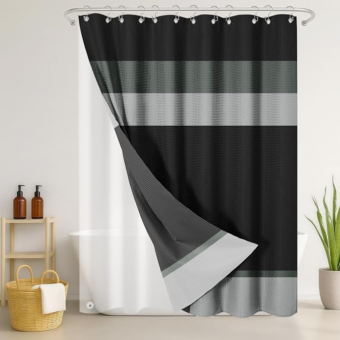 3 in 1 Shower Curtain and Liner,72 x 72 inch, Black Striped | Grey Geometric Shower Curtain and PEVA Liner Set with 12 Rust-Resistant Metal Hooks, Waterproof Fabric Curtains for Bathroom