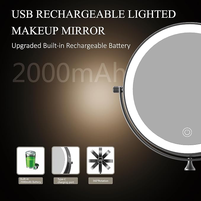 8" Wall Mounted Lighted Makeup Mirror,Oval Base, 10X, Matte Black | Rechargeable Lighted Makeup Vanity Mirror,Double Sided Dimmable,Magnifying,3 Color Lighting,360 Rotation Shaving,Women Gift
