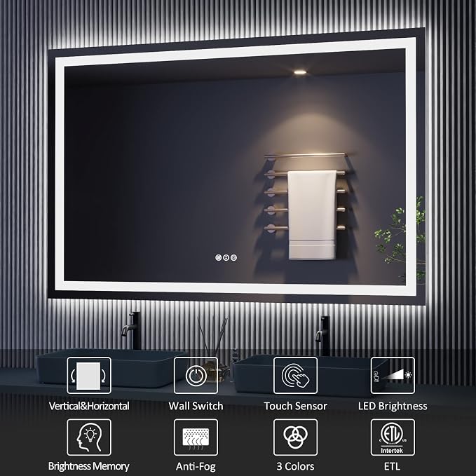 LED Bathroom Mirror 48"X32" with Front Light and Backlit | Stepless Dimmable, Anti-Fog, Shatter-Proof, HD Reflection, Memory, 3 Colors Lighting, UL Listed (Horizontal/Vertical).