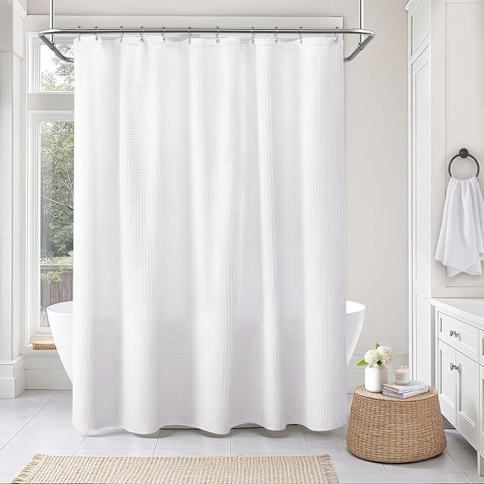 Waterproof Waffle Shower Curtain Heavyweight Cotton Fabric White 72Wx72L | Soft Cotton Cloth,3D Square Truely Waffle,Waterproof,Washable, Hotel Luxury Spa, Shower Curtain for Bathroom 12 Plastic Hooks