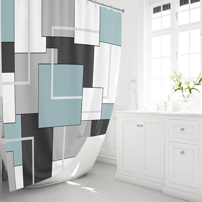 54x78 Stall Geometric Waterproof Fabric Shower Curtain Set, Fog Blue | Narrow Long, Premium Polyester, Weighted Hem, 10 Plastic Hook, Vibrant Color, Wrinkle-resistant, Quick-Dry, Machine Washable