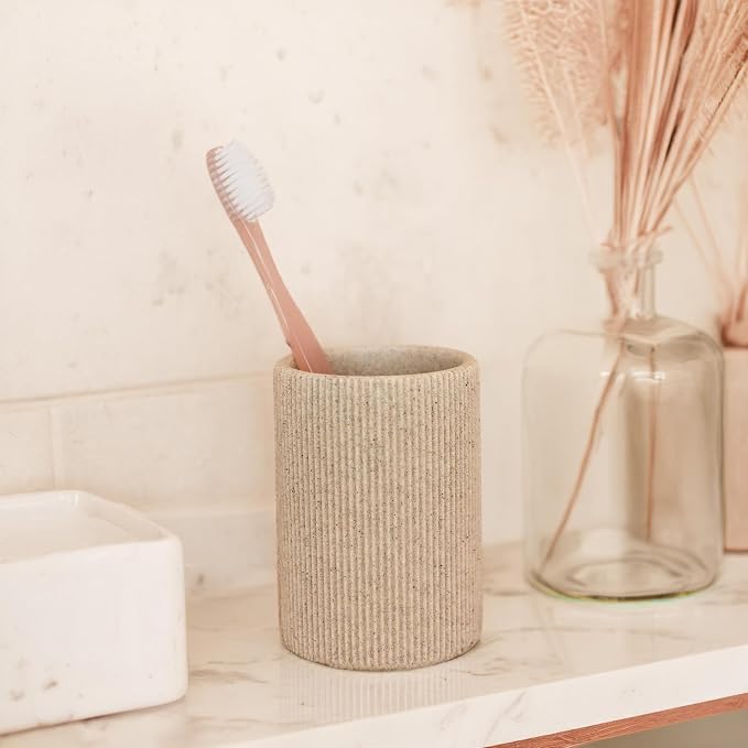 Small Sand Beige Toothbrush Holder for Bathroom Countertop, 7oz | Modern Boho Aesthetic, Vintage Farmhouse Organizer, Pen Holder, Makeup Brush Holder