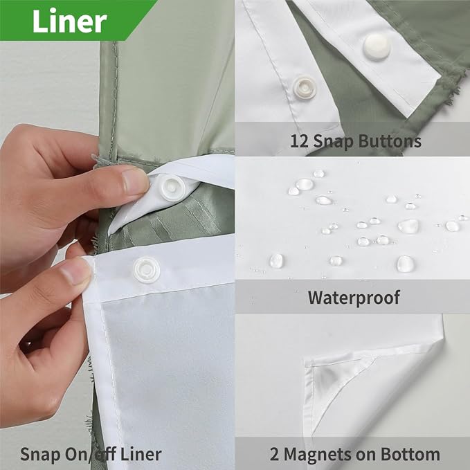 eachope no Hook Shower Curtain and Liner Set，Boho Style with See Through Top Window, SageGreen Fabric Tufted Striped Textured Outer Curtain & Waterproof Inner Liner, SageGreen, 71Wx86H
