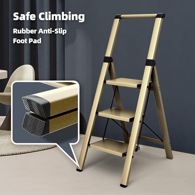 HillhutApex Aluminum 3 Step Ladder, Step Stool Foldable Ladder(Gold) | Stepladder with Handgrip,Anti-Slip Pedals,330lbs Capacity,Lightweight Folding Ladder for Home,Office,Libaray