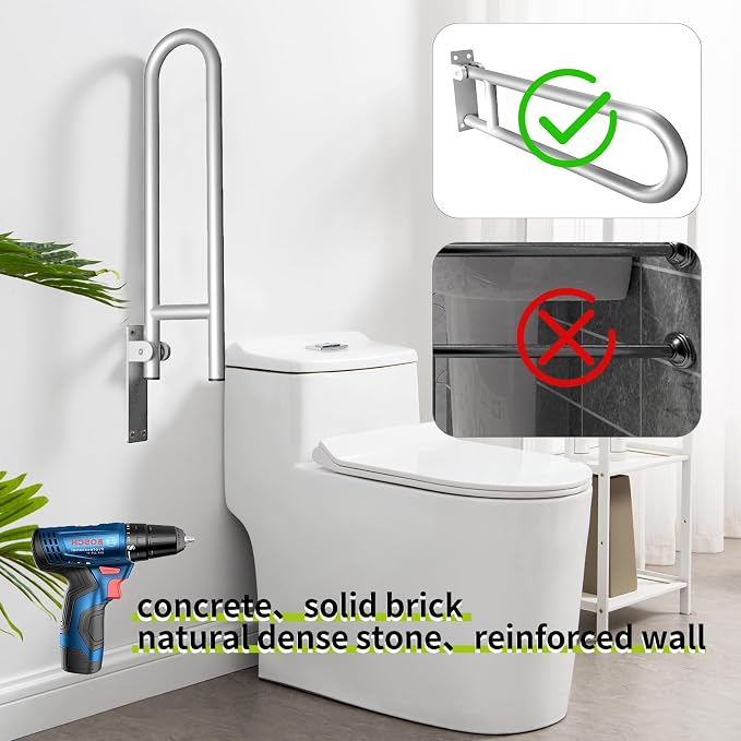 28 Inch Toilet Grab Bar Flip Up Aluminum Handicap Rails Grab Bars Load Capacity of 100 kg 220 lbs Toilet Rail Bathroom U Shaped and Wall Mount Safety for Pregnant Injured Patients 28 in Silver