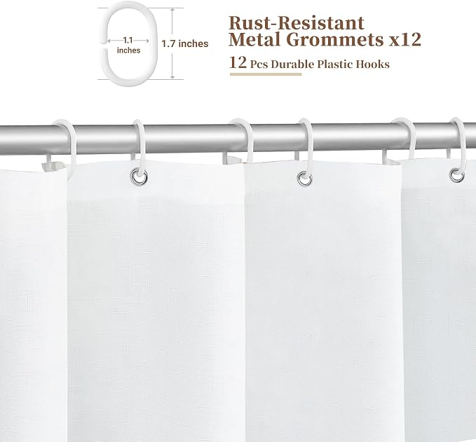 72x78 Boho Scalloped Linen Textured Cloth Shower Curtain Set, White | Long Size, 230GSM Waterproof Polyester, Heavy Duty Fabric, 12 Plastic Hooks, Elegant Modern Farmhouse Style, Machine Washable