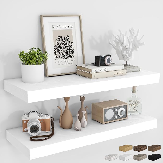 RICHFOCUS 36Inch Floating Shelves for Wall 2 Pack Shelves for Bedroom|Kitchen|Bathroom Wall Mounted Rustic Wood Floating Shelf with Invisible Brackets for Books|Storage|Decor, White