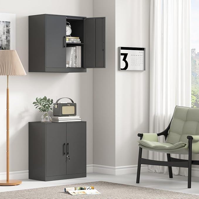 Metal Wall Cabinet,28" H Wall Mounted Storage Cabinets with 2 Doors,Lockable Steel Utility Cabinet for Garage,Workshop,Office (Black)