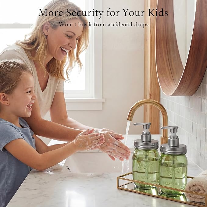 Amolliar Plastic Mason Jar Soap Dispenser with Pump Lid 16OZ - 2Pack Green | Refillable BPA-Free Hand Soap Dispenser Set with Cute Lables, Farmhouse Decor for Kitchen Bathroom Liquid Dish Soap Lotion