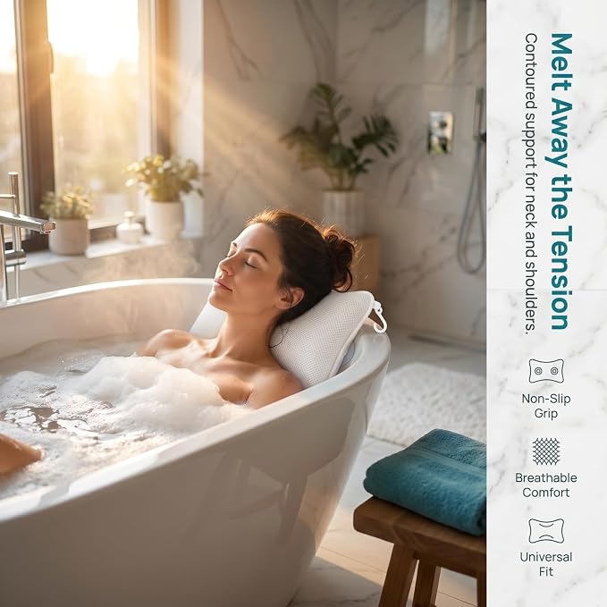 SUPVOX 3D Mesh Bath Pillow for Bathtub - Non-Slip Bathtub Pillow with 2 Strong Suction Cups, Breathable Neck and Head Support Cushion for Tub, Spa, Hot Tub, Quick Drying & Machine Washable, White