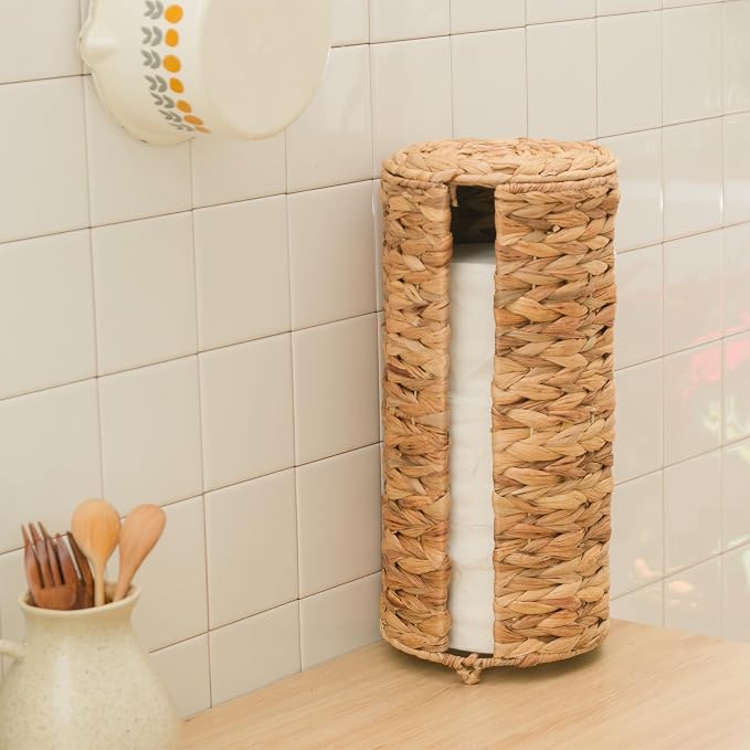 KOKODO Water Hyacinth Free Standing Toilet Paper Holder for Bathroom, Holds 3 Rolls of Toilet Tissue Storage with Removable Lid, Woven Wicker Toilet Roll Holder Stand with Easy Access Front Opening