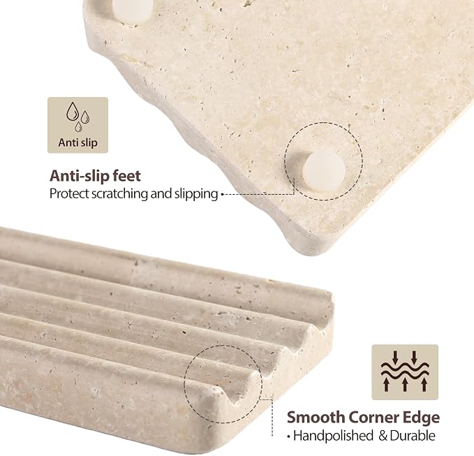 Natural Travertine Soap Dish for Bathroom Shower, Marble Soap Tray Travertine Dish for Bathroom, Stone Soap Tray for Sink, Stripe Grooves Soap Saver Keep Soap Bars Dry Easy Clean