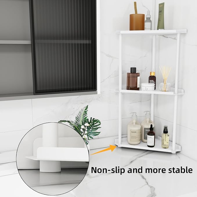 FLE Corner Bathroom Counter Organizer, Bathroom Organizer Countertop White | 3 Tier Corner Shelf, Tabletop Mount,Waterproof solid shelf fits bathroom toiletries and kitchen condiment storage.