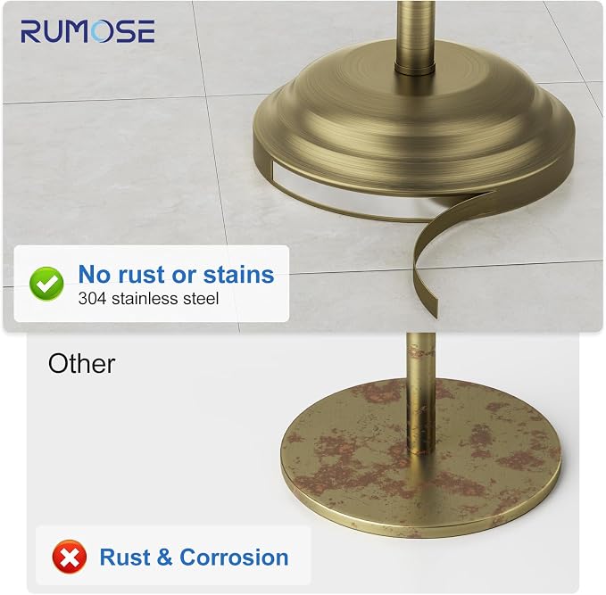 RUMOSE Toilet Paper Holder Stand for Floor Free Standing, Antique Brass | Bathroom Freestanding Toilet Tissue Roll Holder with Storage, Adjustable 17-25 Inch, Rustproof, SUS304 Stainless Steel