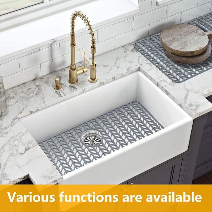 Sink Protectors for Kitchen Sink 29.7"x15.5" Rear Drain Sink Mat | Various sizes and styles,Protector for sinks and dish,Withstand to 500F,Food-grade silicone ,raised feet,Dishwasher Washing
