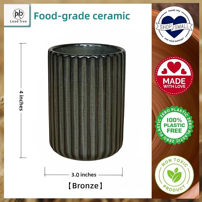 Stoneware Toothbrush Holder for Bathroom Tooth Brush Holder for Bathroom Toothbrush Cup Toothbrush Holders Cute Fluted Vertical Ribbed Stripe (Retro Bronze)